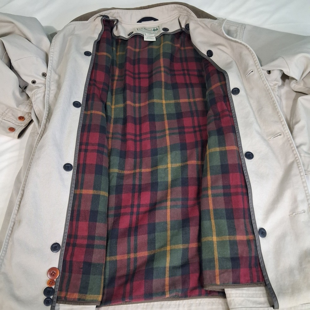 LL Bean Chore Jacket Mens XL‎ Beige Duck Canvas Barn Coat Plaid Lined Corduroy